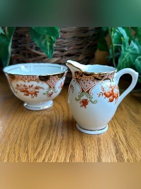 Vintage 1930’s Sutherland England China Imari Creamer & Sugar Bowl Set Gold Trim